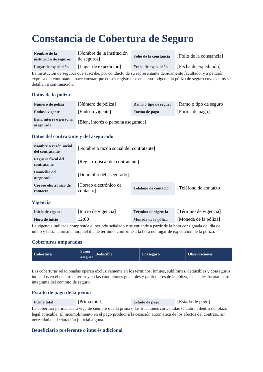 Constancia de cobertura de póliza