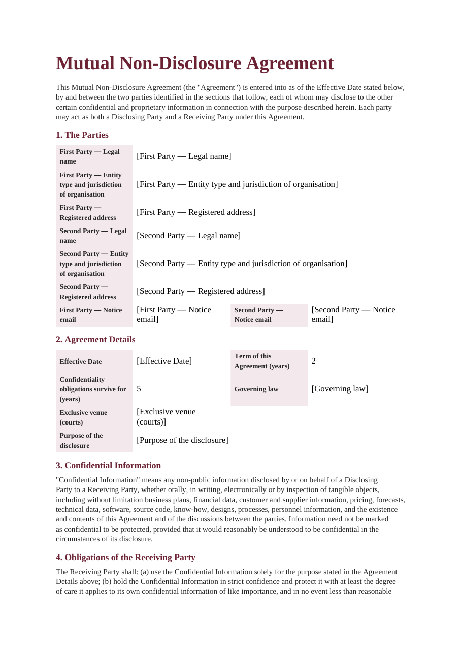 Mutual non-disclosure agreement