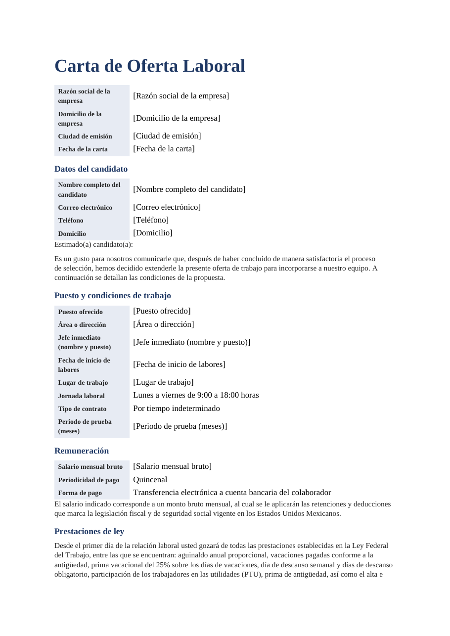 Carta de oferta laboral